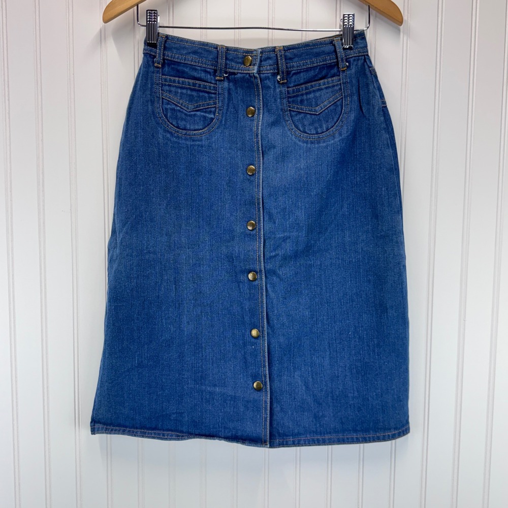 Mizz Lizz Denim Midi Skirt Womens 11/12 Blue Button Front Vintage 70s Style Boho